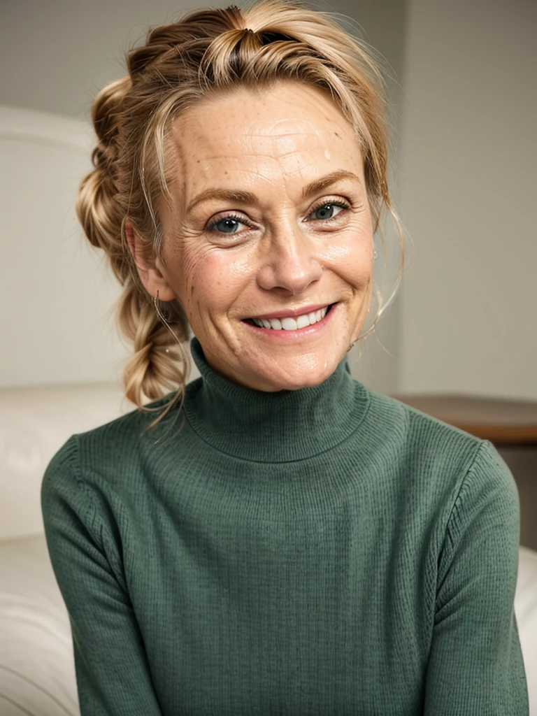 photo of a skinny very old wrinkly-faced faced mature blonde messy long hair thrown into a messy bun ponytail. She wears: (turtleneck soft high ribbed dark green super tight sweater:1.1), submissive seductive pose, high tight ribbed neck, seductive smile, perfect fake tits, horny eager granny, teasing sexy old lady, cum on her face, drenched in cum facial