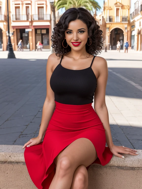 Image in 8k or higher of a beautiful Spanish brunette with curly black hair full body ,warm smile with beautiful red lipstick.cinematic light,sexy red tight dress, attractive, sitting on a platform with legs crossed, attractives piernas .(sun,in the background a hyper-detailed street of Seville), short red skirt