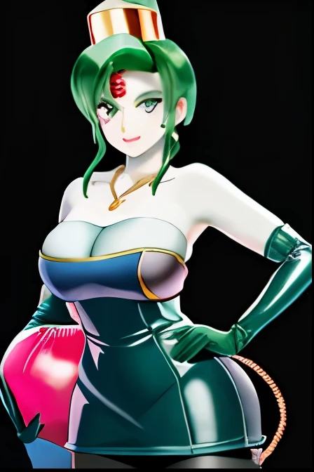 (masterpiece,best quality,ultra-delicate,Perfect Face,16k,high resolution,very beautiful woman), Atsugessho:1.2, short green hair,blue  bodycon dress, long  gloves, green tights, (large breasts), gold headpiece, pale blue skin, red gem on forehead, pink mist, ((cosmetics counter)), holding large red ball on rope, necklace,  smirk, (extremely glossy)