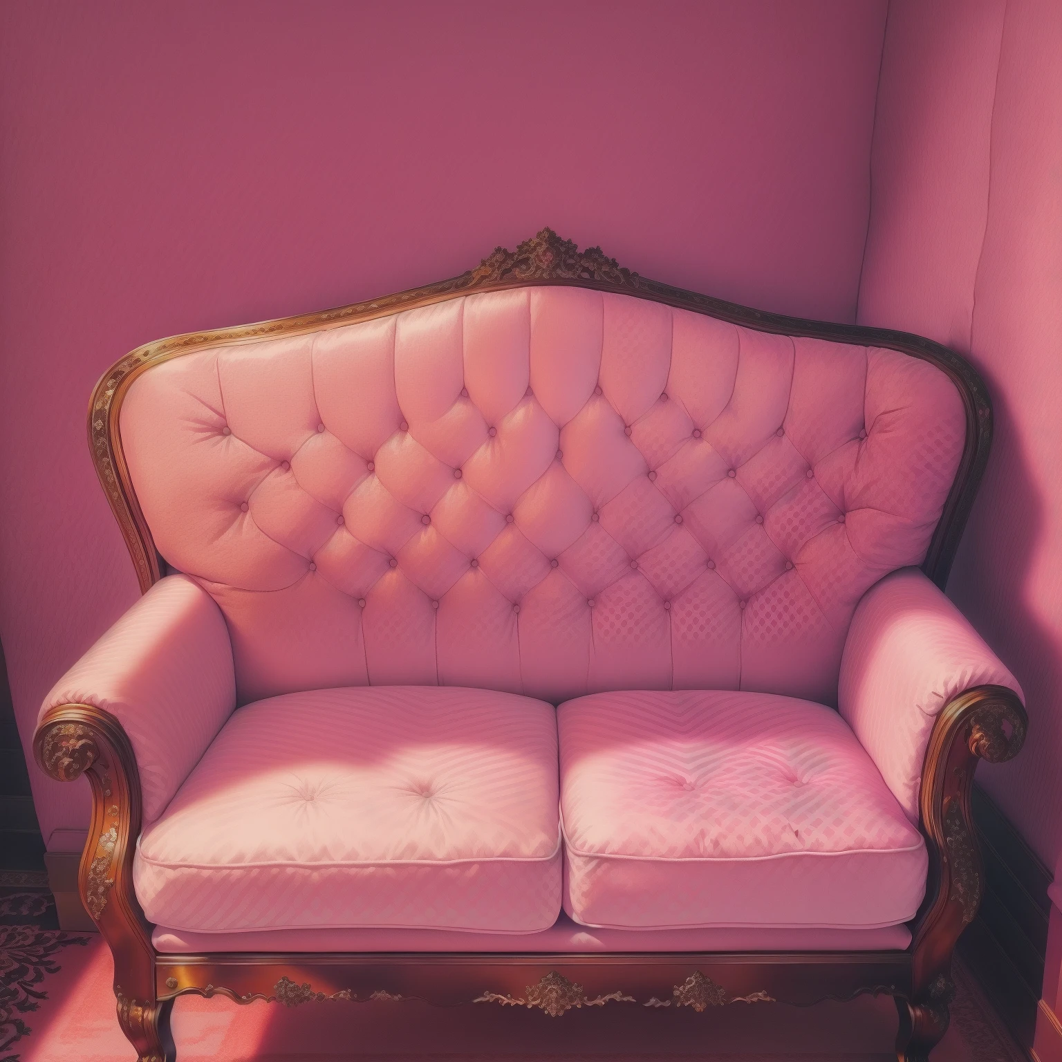 there is a pink sofa sitting in a corner of a room, old sofa, velvet sofa, sofa, Old furniture, sofa, elegant furnishings, sitting on the sofa, Soft and tufted, sitting on the sofa, sitting on vintage leather sofa, sofaes vibrating and melting, sitting on a sofa, Pale pink, Pink Pastel, sitting on a sofa