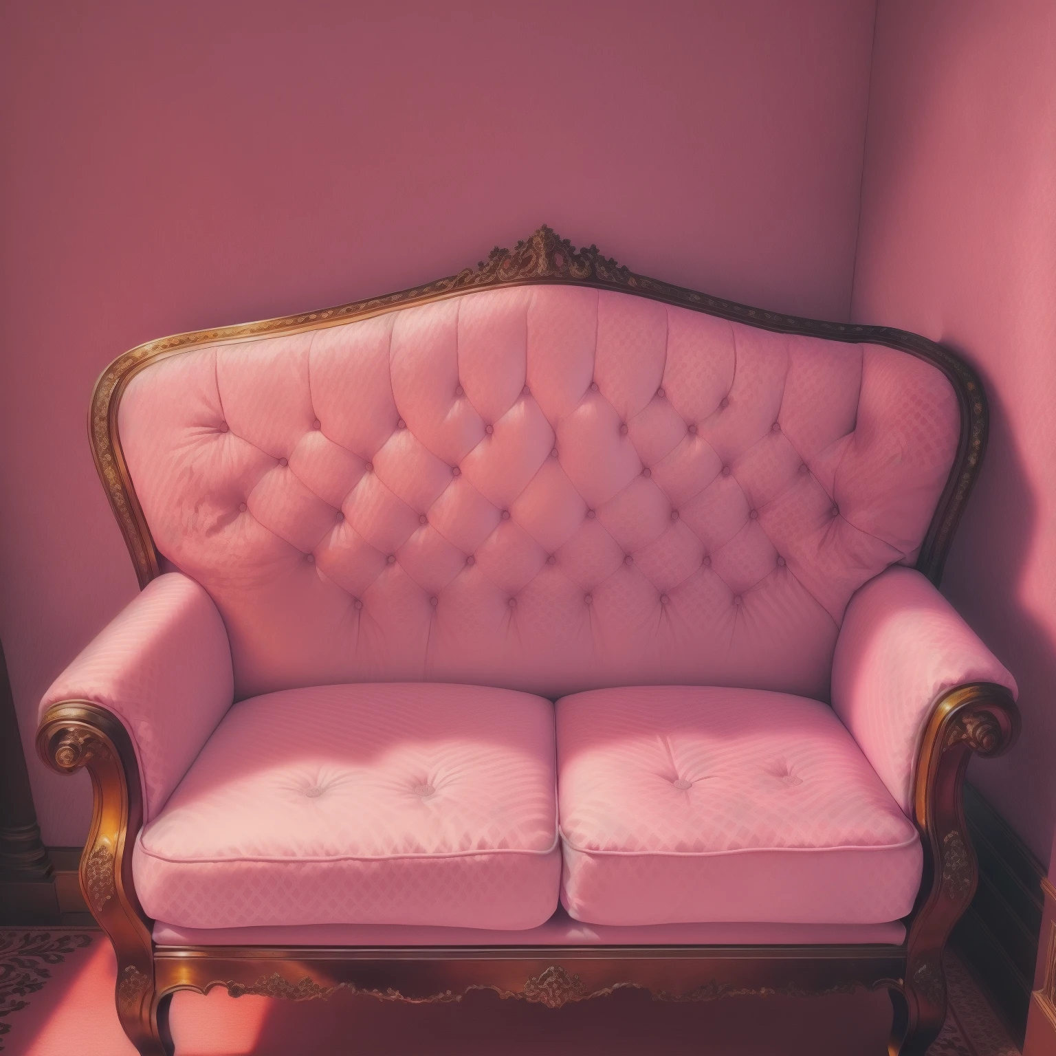 there is a pink sofa sitting in a corner of a room, old sofa, velvet sofa, sofa, Old furniture, sofa, elegant furnishings, sitting on the sofa, Soft and tufted, sitting on the sofa, sitting on vintage leather sofa, sofaes vibrating and melting, sitting on a sofa, Pale pink, Pink Pastel, sitting on a sofa