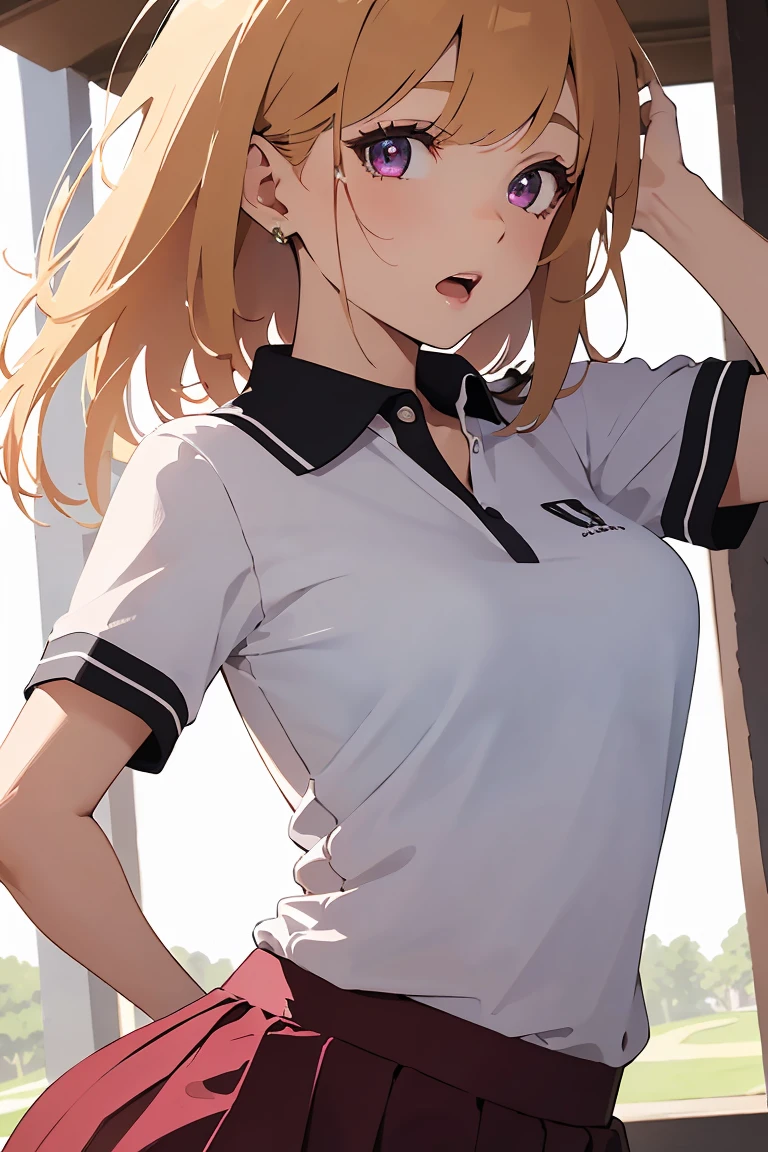 masterpiece, absurdres, best quality, ultra detailed, high Resolution, detailed illustration, bright colour, (extremely beautiful detailed face and eyes, Delicate beautiful face, 1 girl, cute face:1.3), (magenta eyes:1.1), sparkling eyes, big eyes, medium breasts, (perky breasts:1.1), (pointy breasts:1.1), medium hips, glamorous body, white skin, BREAK, long bob cut, (blonde hair:0.8), messy hair, detailed hair, shiny hair, BREAK (Polo shirt, down blouse, skinny middle skirt:1.3), perfect lighting, (embarrassed:1.3), (ecstasy, vulgarity:1.5), (trembling:0.8), Golf course, Playing golf, Golf club, From below, 