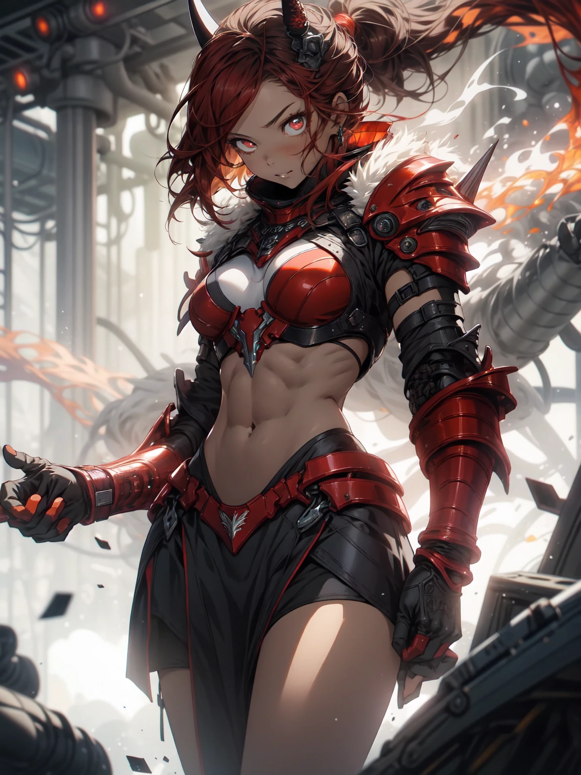 Keep it Realistic，（masterpiece，Highest quality，Highest quality，Very detailed，Fractal Art，Most detailed，（The background is abstract：1.5）（1 Girl），Kamimei，（Redhead ponytail），（Sparkling red eyes and beautiful red hair、Big Breasts，Toned Abs)，crystallization、Black Bikini，Sexy，Red Machine Armor、Demon Horn、Berserk , (Burning Flames:1.0), （mini skirt）