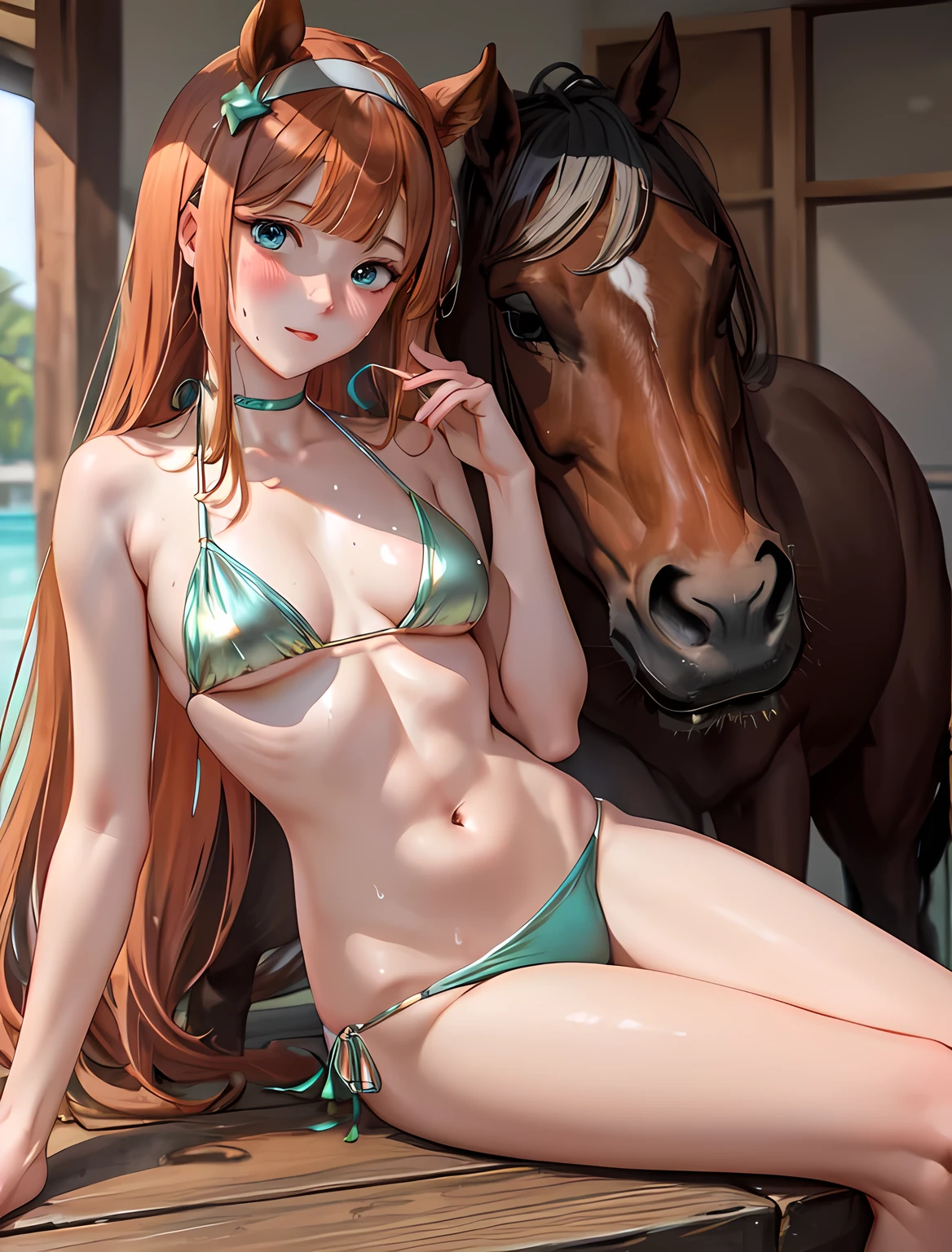 Masterpiece、Highest quality、Closed lips、blush、makeup、((Beautiful breasts、tall、Slender Body、Small breasts)),Silence Suzuka \(Horse Girl\)、((Metallic ultra-small bikini))、Mansuji、See-through nipples、Sweat、whole body、