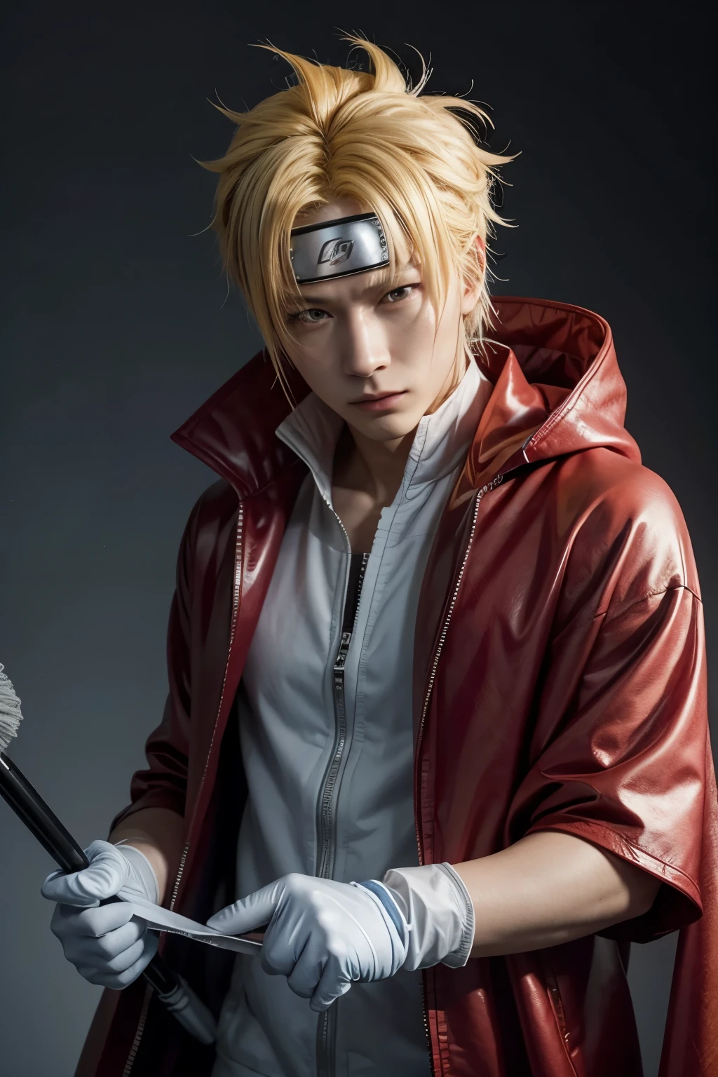 Manage the Cleaning Doctor, Naruto style. He wears a coat, a red cape and surgical gloves