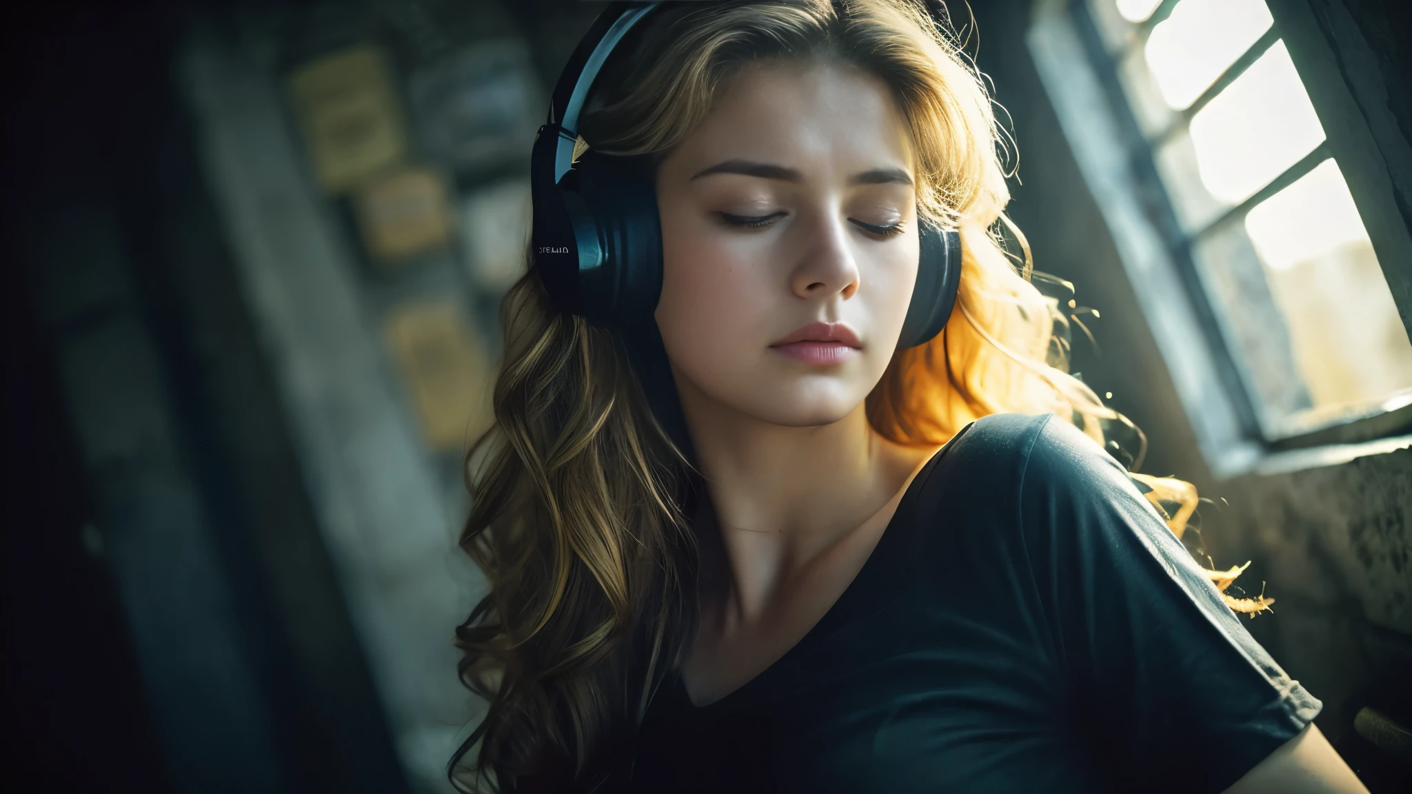 Beautiful blonde with big breasts in a black T-shirt (I sit in the dark ruins with my eyes closed and tears streaming down my face),Wearing headphones,Very detailed, 21 years old, Innocent face, Naturally Wavy Hair, blue eyes, High resolution, masterpiece, Highest quality, Intricate details, Very detailed, Clear focus, Delicate skin, practical skin texture, texture, Delicate eyes, Professional, 4K, Sad crying face, Shot with Canon, 85mm, Shallow and deep, Kodak Vision Color, Exactly, Very detailed, photograph_\(Extremist\), photographpractical, practical, Post-processing, Maximum details, Roughness, Real Life, Extremist practical, Photorealism, photographgraphy, 8K Ultra HD, photographgraphy