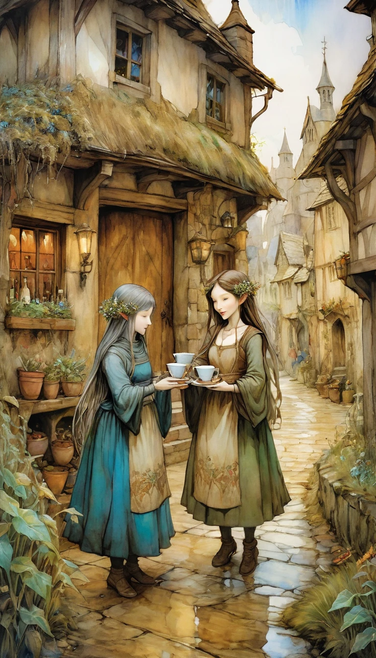 a woman and a girl pass a luxurious cup of liquor from one to another happy, joy, medieval village in landscape view ,four cups of liquor on the floor (art inspired by Brian Froud and Carne Griffiths and Wadim Kashin, intricate details, oil painting)
