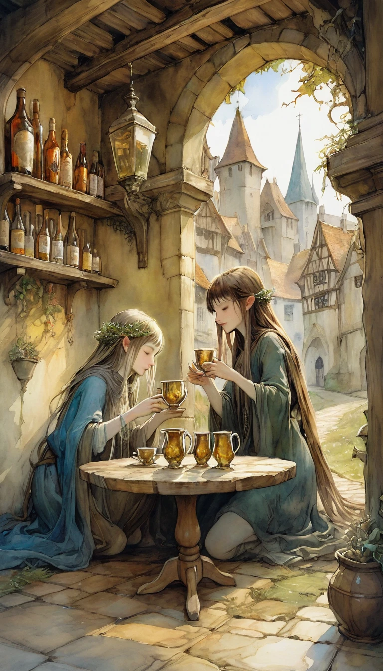 a woman and a girl pass a luxurious cup of liquor from one to another happy, joy, medieval village in landscape view ,four cups of liquor on the floor (art inspired by Brian Froud and Carne Griffiths and Wadim Kashin, intricate details, oil painting)