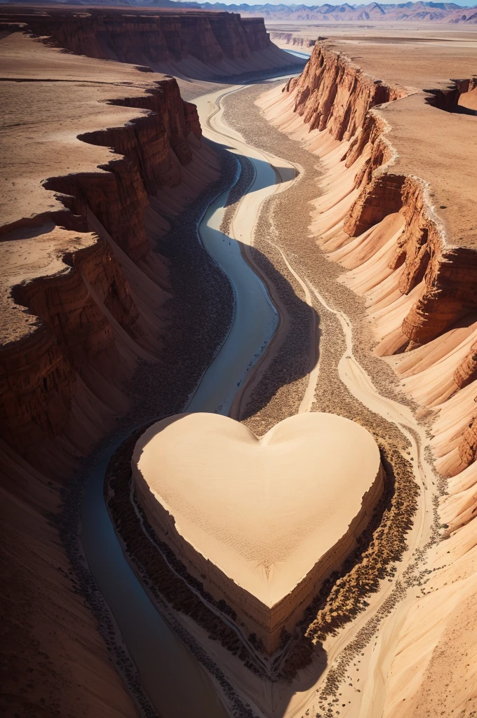 Desert, mountains forming a heart, river passing through that heart