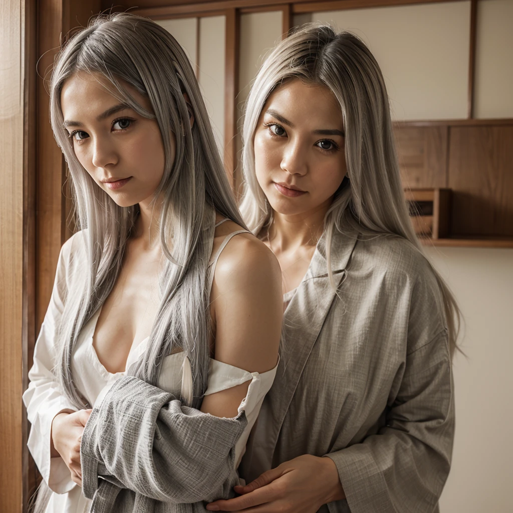 Japanese old woman、My hair is starting to turn white.、semi-long hair、interior color((Hair color inside))、Sexy proportions、slender and tall、Wear Japanese clothes