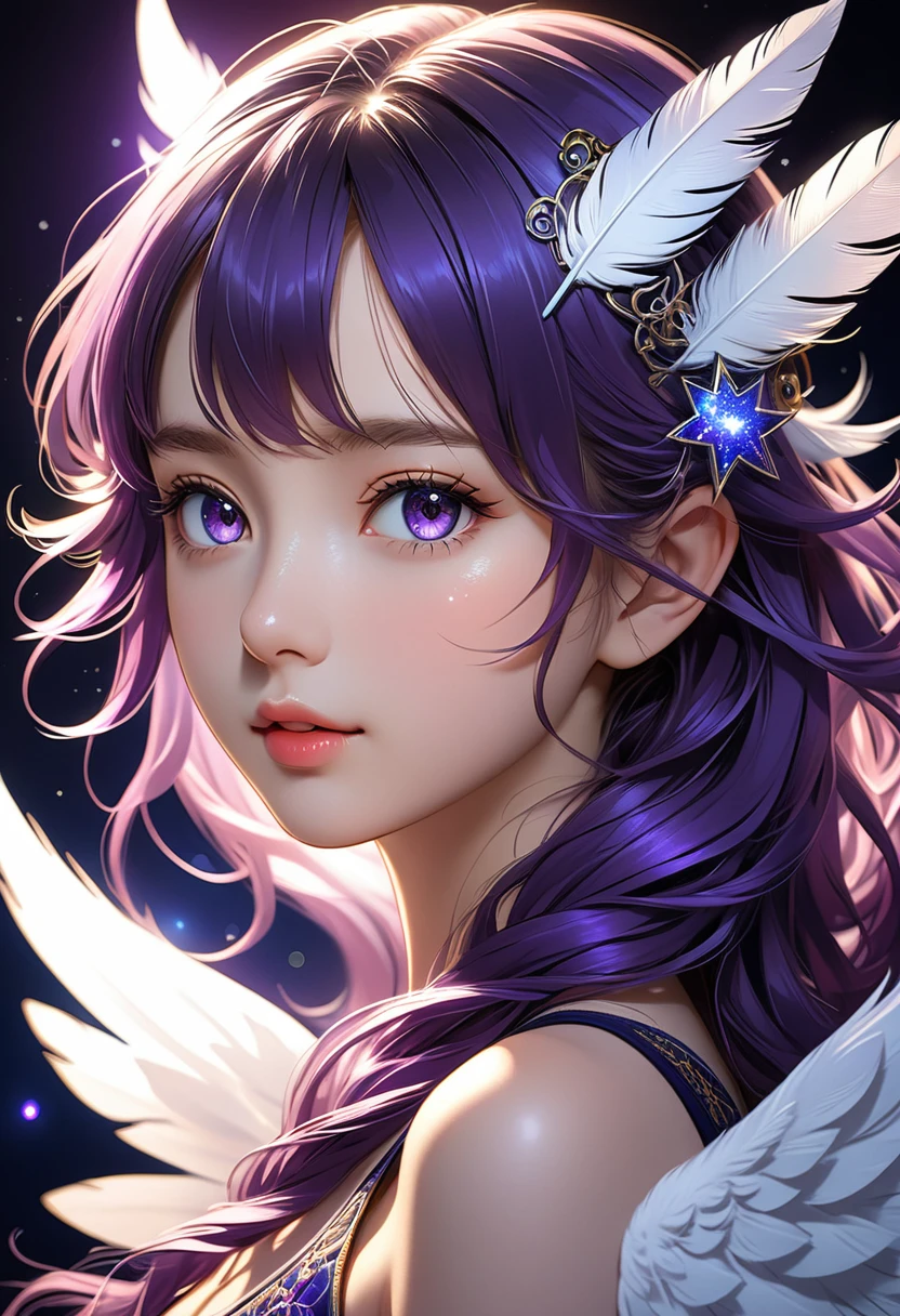 (Anime Style:1.3), Rembrandt Lighting, (masterpiece:1.2), (beautiful:1.2), (Highest quality), (Fine skin:1.3), (Intricate details), 1 Female, Late teens, Transparent beauty, Fantasy, Face Focus, Her eyes are deep purple, like stars shining in the night sky., Long starry sky patterned hair, hair is shining, Fluffy white feather ears, Transparent wings with a moon pattern on their back