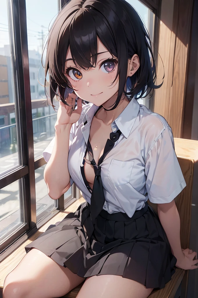 4K, (work of art), highest quallity, 2d, ((rebeld girl)), (age anime school girl), (shirt unbuttoned), Punk Girl, sitting sloppily, short hair with long bangs, heterochromatic eyes, ssmile, full height, clean eyes, black eyelash, (intrincado detalhado), dramatic, makoto shinkai,