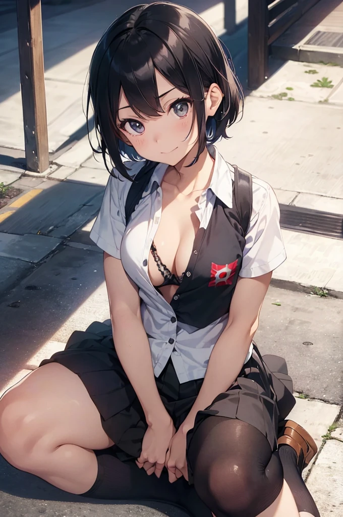 4K, (work of art), highest quallity, 2d, ((rebeld girl)), (teenage anime school girl), (shirt unbuttoned), Punk Girl, sitting sloppily, short hair with long bangs, heterochromatic eyes, ssmile, full height, clean eyes, black eyelash, (intrincado detalhado), dramatic, makoto shinkai,
