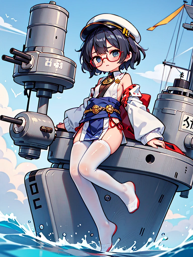((((Full body of a woman with perfect flat chest、solo、Short unkempt black hair、white military jacket、Miko costume、tights、Black glasses、White military cap、Cloudy eyes、Sleepy expression)))), (((masterpiece))), (((Shipgirl))), ((Floating on the morning sea with both feet)), (Spread your legs wide open), (Hold the turret with your right hand), (Mechanical arms extending from the waist are used to equip the ship with battleship equipment.), (Equipped with a turret on the back), (Holds the turret with his left arm), Shotgun shells are attached to the thigh with a belt, Spreading the Machine&#39;s Wings, Machine tail,  shotgun, 