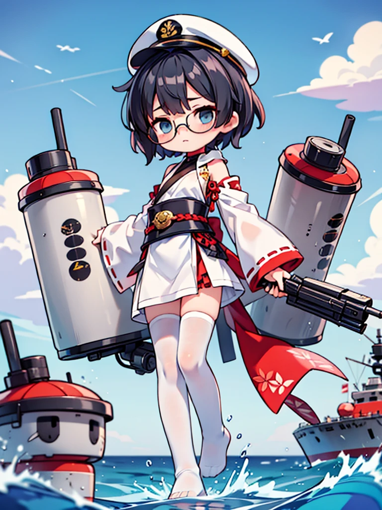 ((((Full body of a woman with perfect flat chest、solo、Short unkempt black hair、white military jacket、Miko costume、tights、Black glasses、White military cap、Cloudy eyes、Sleepy expression)))), (((masterpiece))), (((Shipgirl))), ((Floating on the morning sea with both feet)), (Spread your legs wide open), (Hold the turret with your right hand), (Mechanical arms extending from the waist are used to equip the ship with battleship equipment.), (Equipped with a turret on the back), (Holds the turret with his left arm), Shotgun shells are attached to the thigh with a belt, Spreading the Machine's Wings, Machine tail, shotgun,