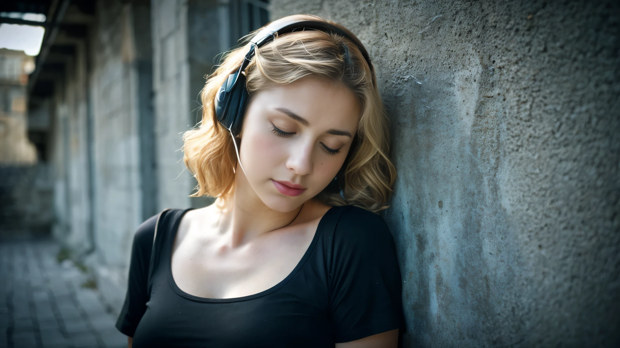 Beautiful blonde with big breasts in a black T-shirt (I sit in the dark ruins with my eyes closed and tears streaming down my face),Wearing headphones,Very detailed, 21 years old, Innocent face, Naturally Wavy Hair, blue eyes, High resolution, masterpiece, Highest quality, Intricate details, Very detailed, Clear focus, Delicate skin, practical skin texture, texture, Delicate eyes, Professional, 4K, Sad crying face, Shot with Canon, 85mm, Shallow and deep, Kodak Vision Color, Exactly, Very detailed, photograph_\(Extremist\), photographpractical, practical, Post-processing, Maximum details, Roughness, Real Life, Extremist practical, Photorealism, photographgraphy, 8K Ultra HD, photographgraphy