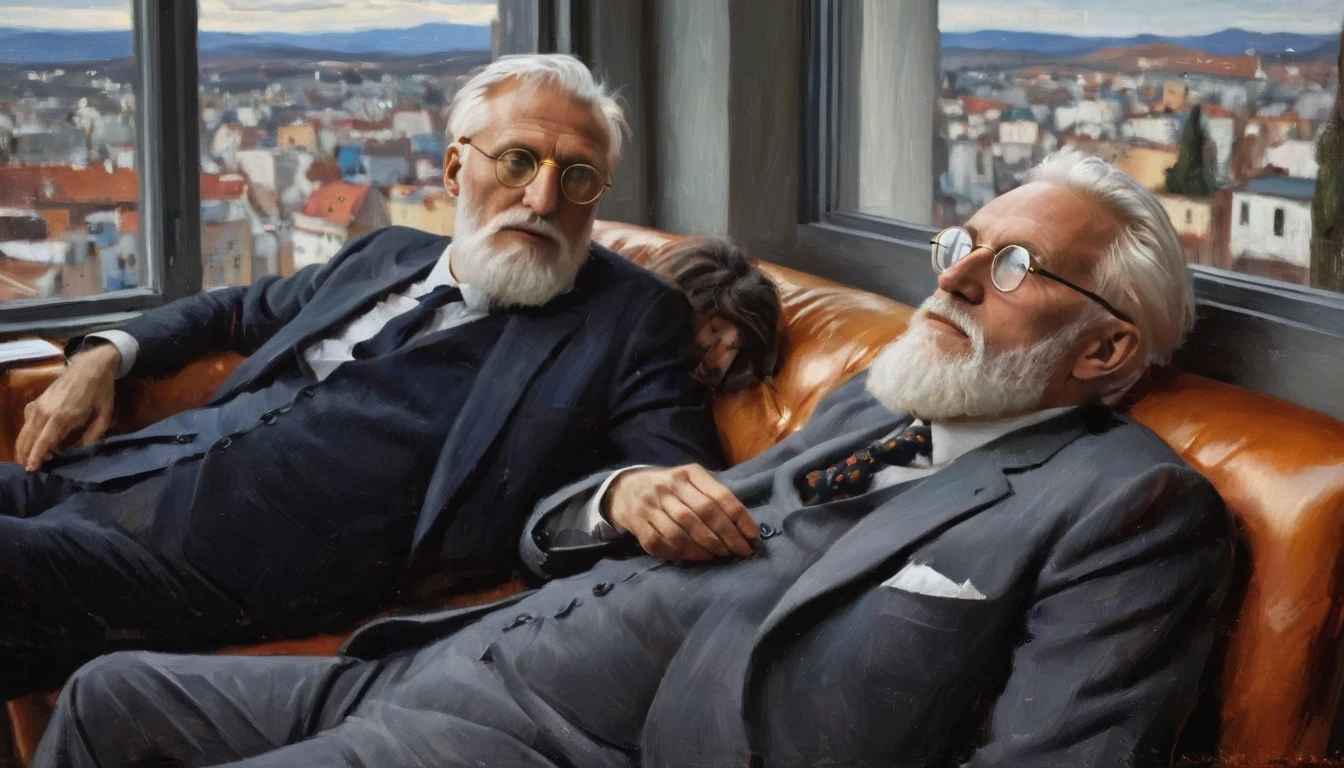 impressionistic realism by csybgh),  Carl Jung psychologist with a client lying on the couch for a therapy session, He has a white beard and white hair and wears round glasses., There is a golden beetle stuck to the window of his office, work of art, 8K, fullcolor