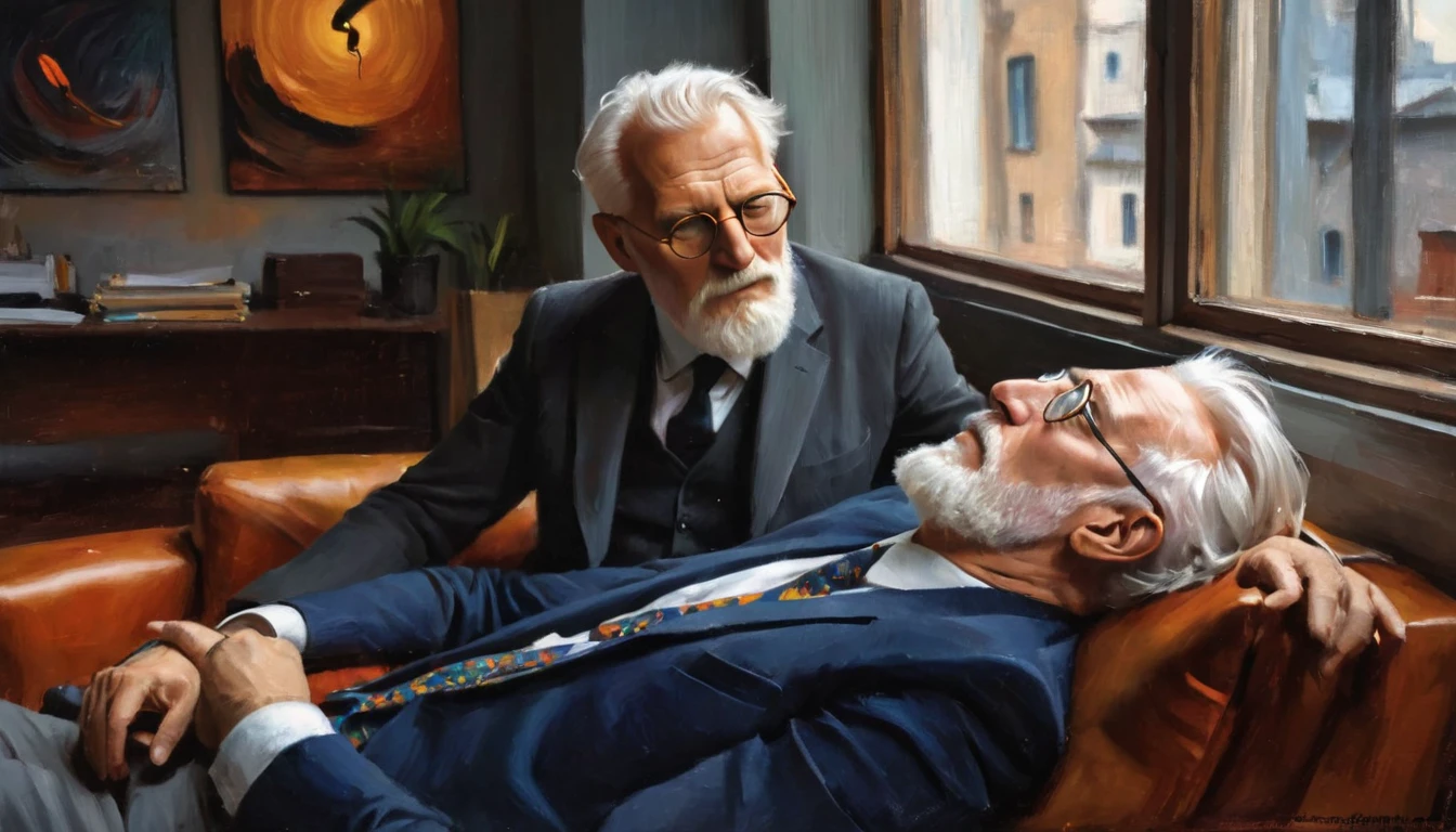 impressionistic realism by csybgh),  Carl Jung psychologist with a client lying on the couch for a therapy session, He has a white beard and white hair and wears round glasses., There is a golden beetle stuck to the window of his office, work of art, 8K, fullcolor