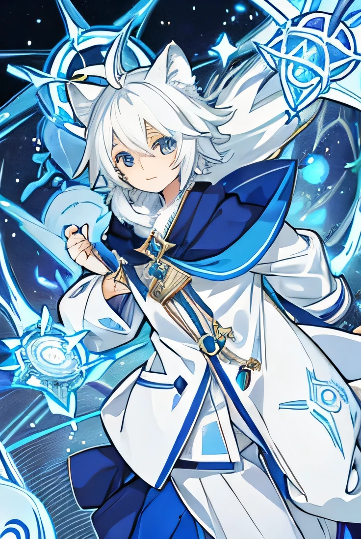 A ((male)) sorcerer with feminine features ((wearing a white-gold kemono)) casting a hexagonal symbol of blue lights.