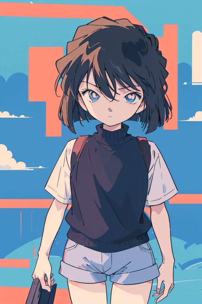 anime style, (1girl in, Solo:1.0), (Haibara Ai), ((Short pants)), (((Big eyes))), (Cute anime girl head), (flat chest),looking at viewer,With a height of 100cm, shoot from front, (head shot), Simple line minimalism, Abstract Art, City background, anime opening movie