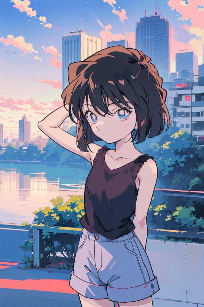 anime style, (1girl in, Solo:1.0), (Haibara Ai), ((Short pants)), (((Big eyes))), (Cute anime girl head), (flat chest),looking at viewer,With a height of 100cm, shoot from front, (head shot), Simple line minimalism, Abstract Art, City background, anime opening movie