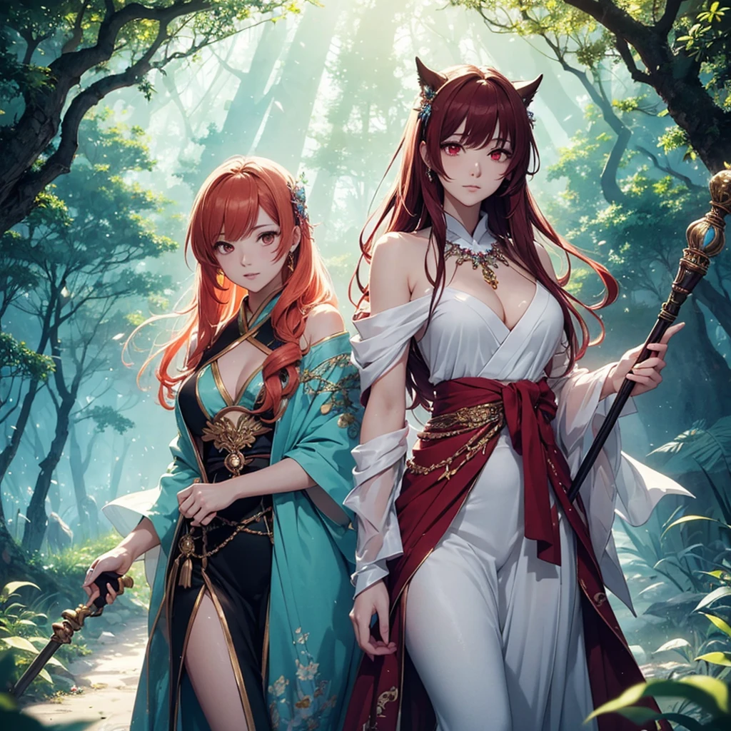 two beautiful young women, anime style, detailed faces, red hair, red eyes, delicate features, soft lighting, wearing elaborate fantasy costumes, standing together, ethereal and enchanting expressions, mystical forest background with glowing plants and magical creatures, one holding a staff with a glowing crystal, the other with a flowing gown adorned with jewels, vibrant and inviting fantasy lighting, dynamic pose, Japanese anime style, high quality, highly detailed, 8k resolution, cinematic lighting, best quality, vibrant colors, Instagrammable, aesthetic, trendy