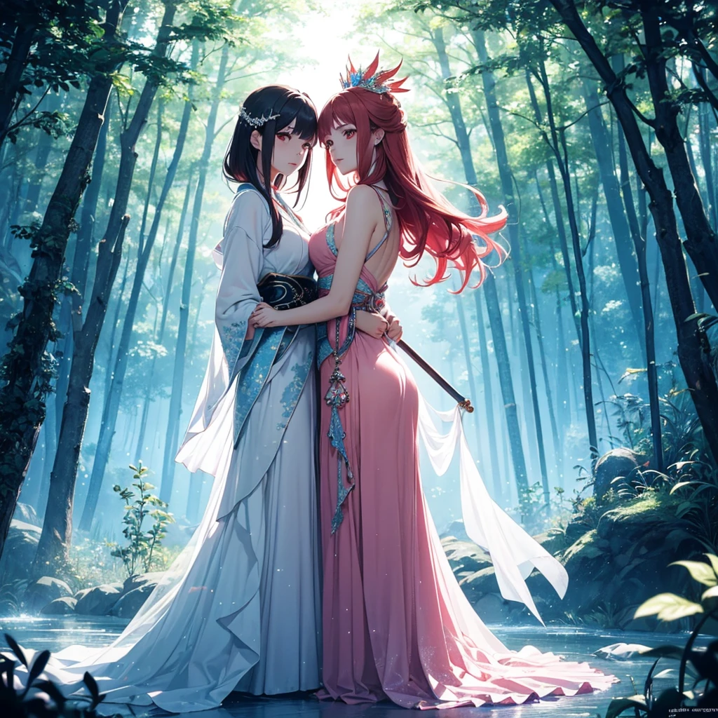 two beautiful young women, anime style, detailed faces, red hair, red eyes, delicate features, soft lighting, wearing elaborate fantasy costumes, standing together, ethereal and enchanting expressions, mystical forest background with glowing plants and magical creatures, one holding a staff with a glowing crystal, the other with a flowing gown adorned with jewels, vibrant and inviting fantasy lighting, dynamic pose, Japanese anime style, high quality, highly detailed, 8k resolution, cinematic lighting, best quality, vibrant colors, Instagrammable, aesthetic, trendy