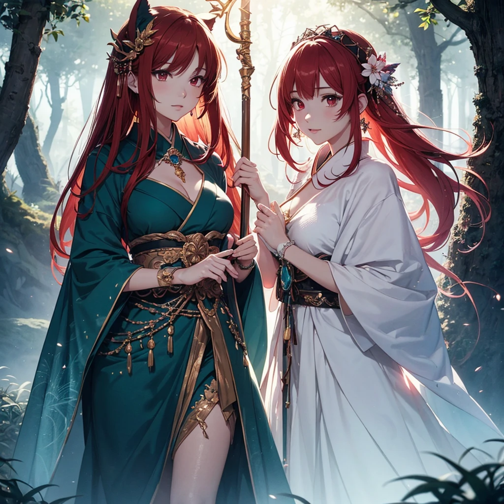 two beautiful young women, anime style, detailed faces, red hair, red eyes, delicate features, soft lighting, wearing elaborate fantasy costumes, standing together, ethereal and enchanting expressions, mystical forest background with glowing plants and magical creatures, one holding a staff with a glowing crystal, the other with a flowing gown adorned with jewels, vibrant and inviting fantasy lighting, dynamic pose, Japanese anime style, high quality, highly detailed, 8k resolution, cinematic lighting, best quality, vibrant colors, Instagrammable, aesthetic, trendy