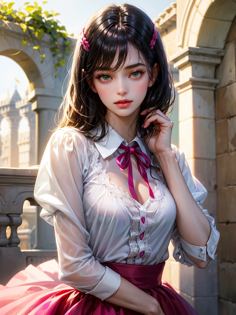 She wears a white shirt with a fuchsia ribbon