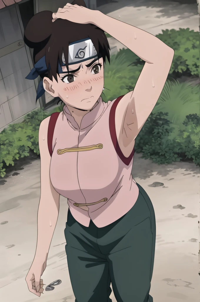 (masterpiece, 4K, Highest quality, anime style: 1.9, Detailed face, Lovely, Bold, High resolution, anime,  Curvaceous, Thighs,, (The scorned face,blush).Very slim belly, Cowboy Shot, (One girl),NARUTOanime風, Tenten,(((Sweaty))),(((armpits))),Pink Chinese dress,Dark green trousers,Place your hands behind your head.