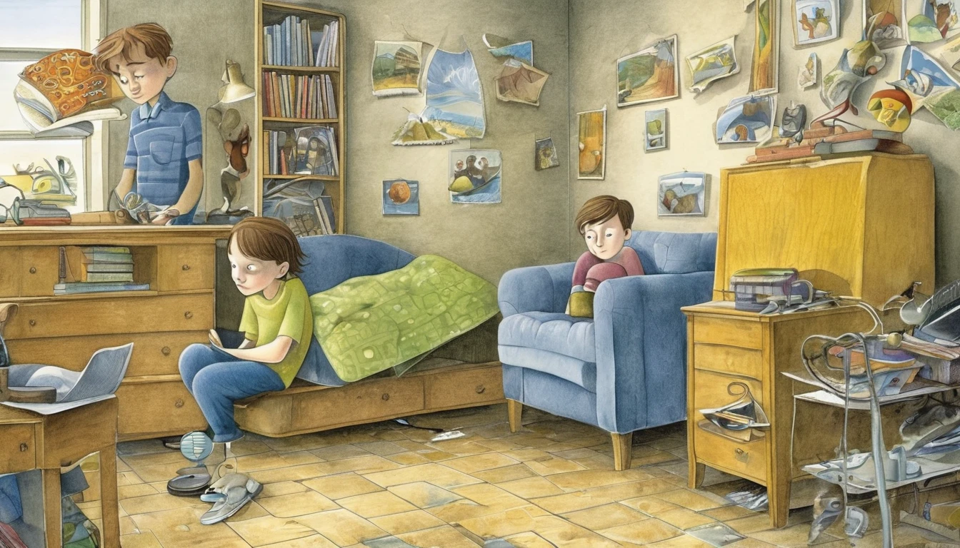 Create an illustration in the style of David Wiesner, the American illustrator, depicting a story about an autistic teenager who uses his specialized knowledge to help improve the mental health of several left-behind children. The illustration should convey the theme of the power of knowledge.