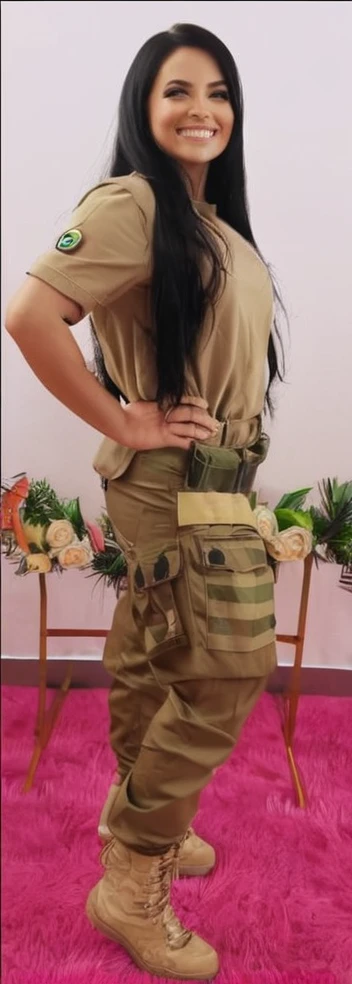 black hair, smiling, hand on waist, military uniform, rounded face, realistic, 4k