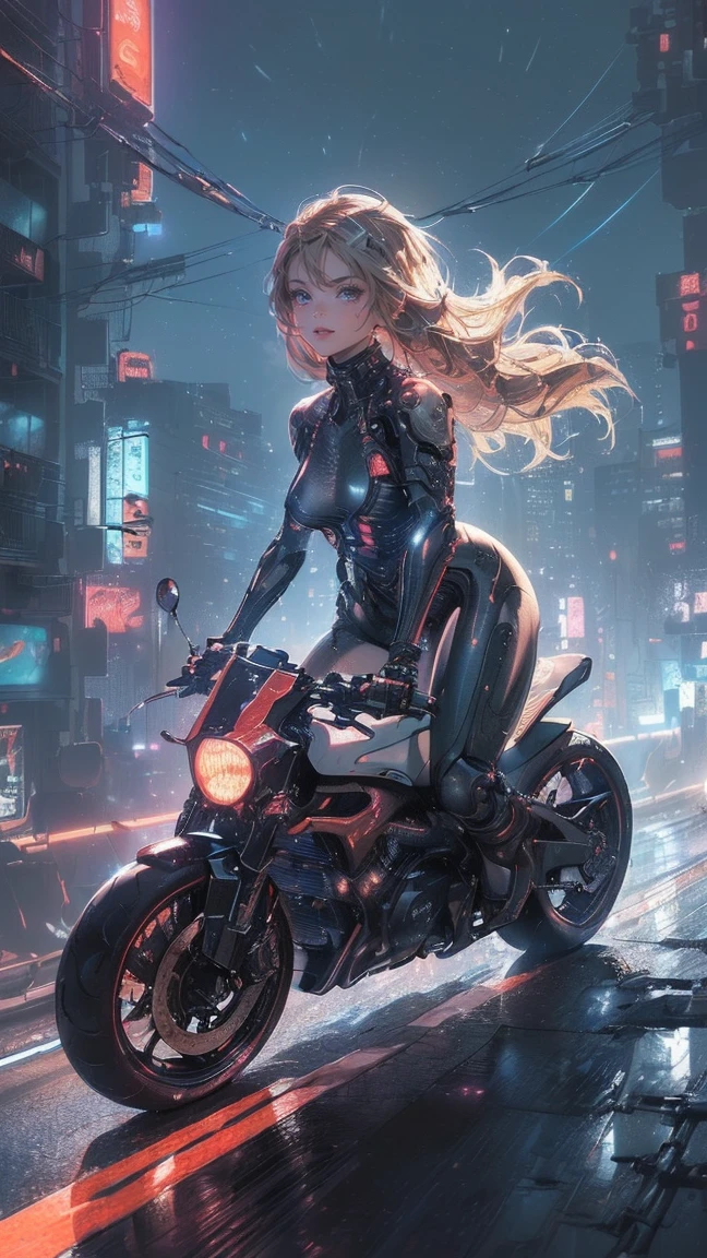 (Female cyborg riding a bicycle)(((8K.High resolution.Hyperrealism、Masterpiece 1.2、wlop1、Cinematic、Additional content、Live Photo 1.2、Best quality 1.2、超High resolution、Very detailed、Perfect Shading、Low angle upper body shot 1.2、1 photo、Commercial Photography 1.2、50mm、Film Grain、sf)))、(((Cyborg riding a red bike、))(Mechanical joint:1.2)、((Mechanical Limbs))、(Blood vessels connected to tu(Mechanical vertebrae attached to the back),((Mechanically connects the cervical spine to the neck),No facial expression,Observe the audience、(Wires and cables attached to the neck:1.2)、(Head wires and cables:1.2)、(Focus on the characters)、(Rider Suit、Buildings at night、Buildings at night、Impressive night view、Cyberpunk World、Riding on motorcycle、Riding on motorcycle)、、(Focus on the characters、Side angle)、(White skin、blonde、Long Hair、No bangs)