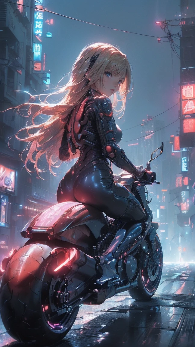 (Female cyborg riding a bicycle)(((8K.High resolution.Hyperrealism、Masterpiece 1.2、wlop1、Cinematic、Additional content、Live Photo 1.2、Best quality 1.2、超High resolution、Very detailed、Perfect Shading、Low angle upper body shot 1.2、1 photo、Commercial Photography 1.2、50mm、Film Grain、sf)))、(((Cyborg riding a red bike、))(Mechanical joint:1.2)、((Mechanical Limbs))、(Blood vessels connected to tu(Mechanical vertebrae attached to the back),((Mechanically connects the cervical spine to the neck),No facial expression,Observe the audience、(Wires and cables attached to the neck:1.2)、(Head wires and cables:1.2)、(Focus on the characters)、(Rider Suit、Buildings at night、Buildings at night、Impressive night view、Cyberpunk World、Riding on motorcycle、Riding on motorcycle)、、(Focus on the characters、Side angle)、(White skin、blonde、Long Hair、No bangs)