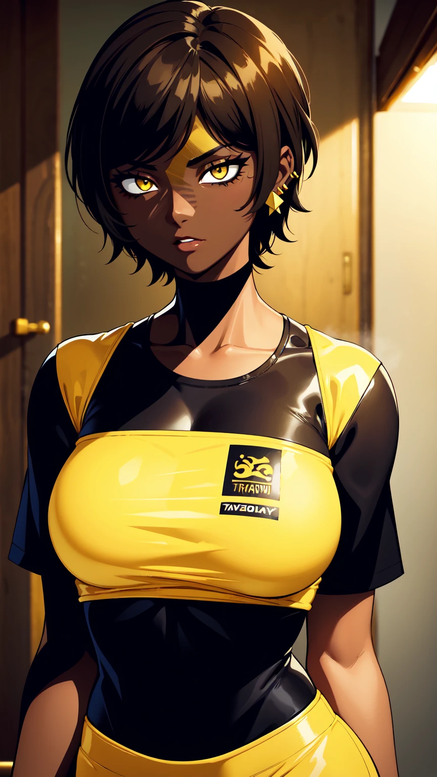 Outis,brown hair, black hair, yellow eyes, short hair, bangs, jewelry, earrings, piercing, ear piercing, dark skin, dark-skinned female,レオタード,very big breasts,ストッキング,Tシャツ,ロングスリーブ,ネクタイ