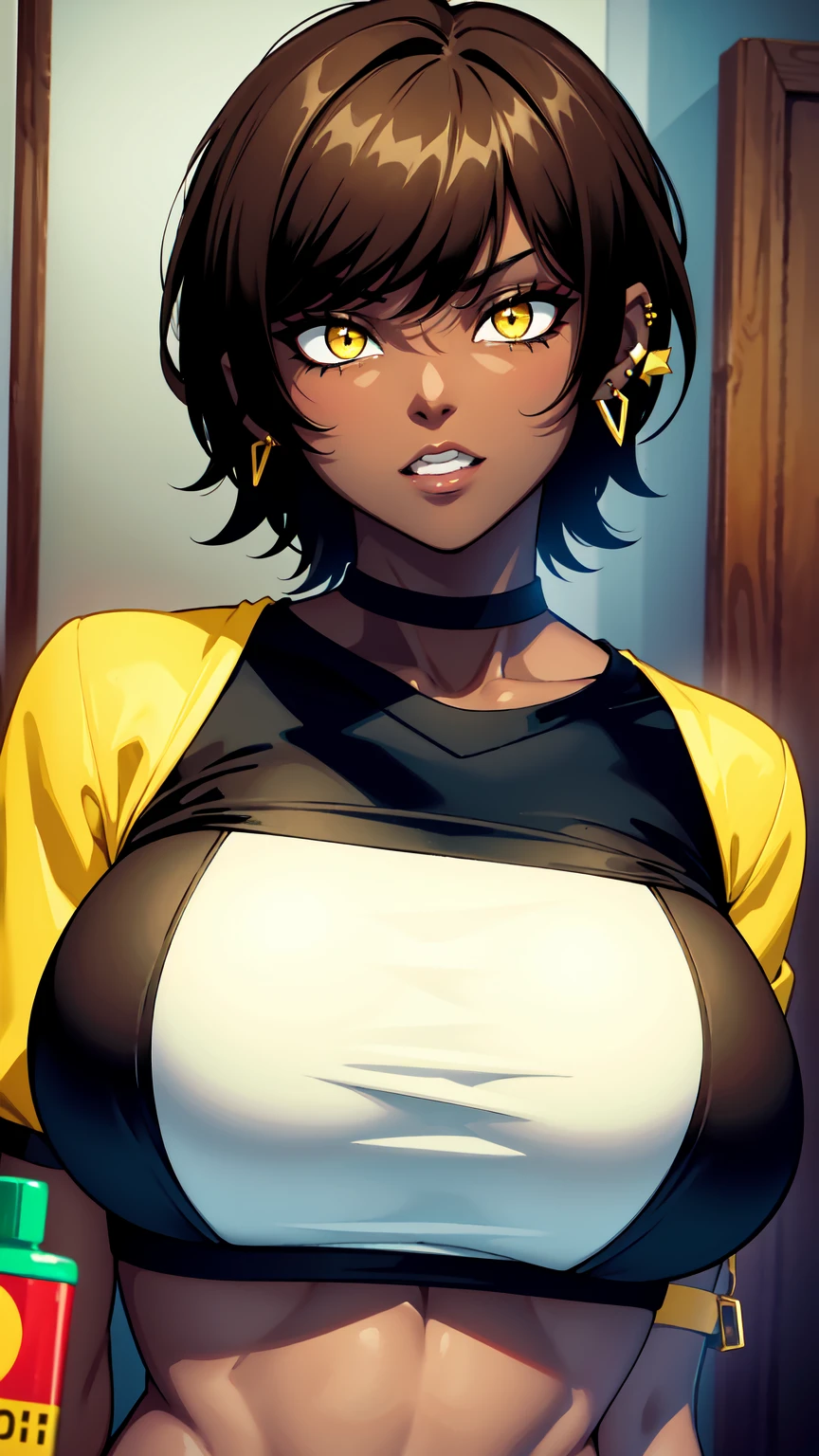 Outis,brown hair, black hair, yellow eyes, short hair, bangs, jewelry, earrings, piercing, ear piercing, dark skin, dark-skinned female,レオタード,very big breasts,ストッキング,Tシャツ,ロングスリーブ,ネクタイ