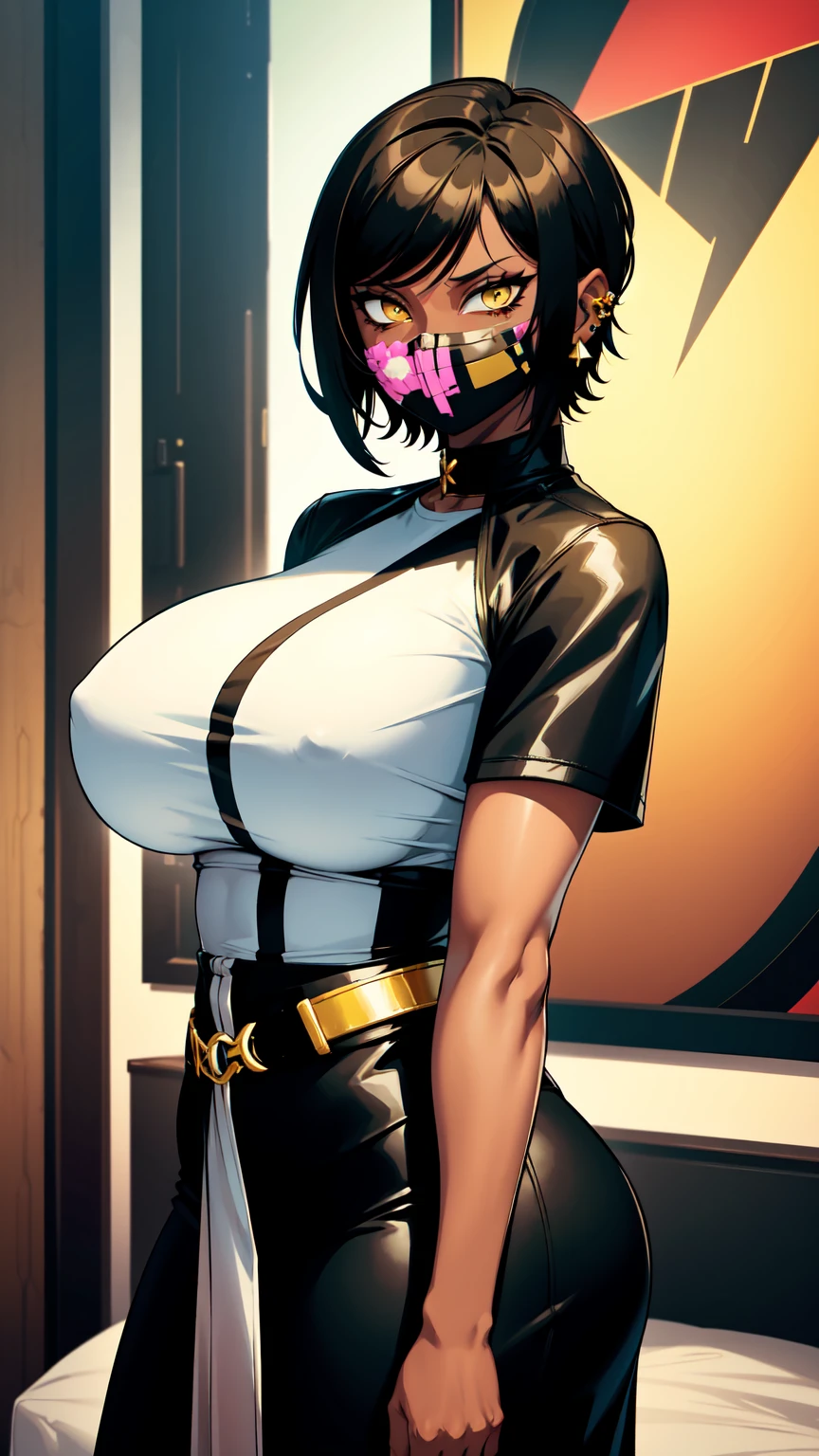 Outis,brown hair, black hair, yellow eyes, short hair, bangs, jewelry, earrings, piercing, ear piercing, dark skin, dark-skinned female,レオタード,very big breasts,ストッキング,Tシャツ,ロングスリーブ,ネクタイ