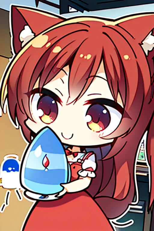 A red haired fox woman with a left red eye and right blue eye with an hourglass figure with red fox ears and a red fox tail in a cute summer dress is shopping at a grocery store with a big smile