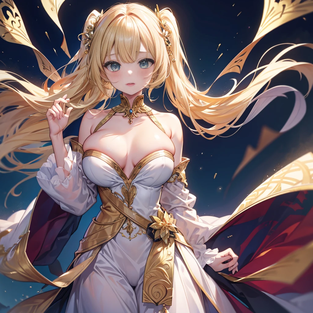 (NSFW)
High-resolution, Detailed, Remarkable Quality, 4K, Anime-inspired, Golden-haired Maiden, , flowing golden blonde hair cascading down her back, captivating green eyes, lavish Golden Imperial Costume adorned with intricate details, plunging neckline revealing a tantalizing glimpse of her anatomy, anime style, in the background a clear sky shimmering with twinklights, a dynamic angle emphasizing her confidence, an arrogant laugh echoing through the night.