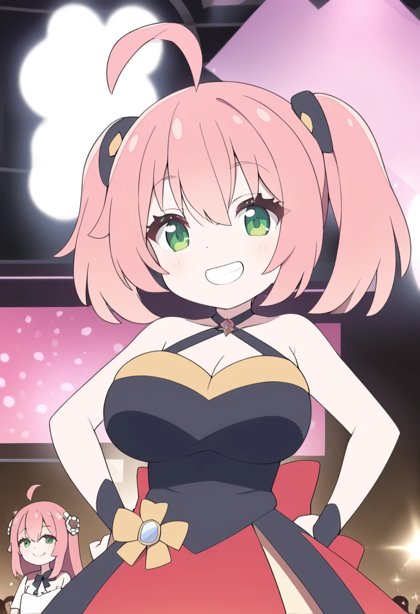 Anya Forger, Anya Forger, bangs, Green Eyes, Pink Hair, Ahoge, hair ornaments, Hair Pod, , woman, 7 years old ,, Live Stage, Huge breasts, Smiling in formal dress　alone