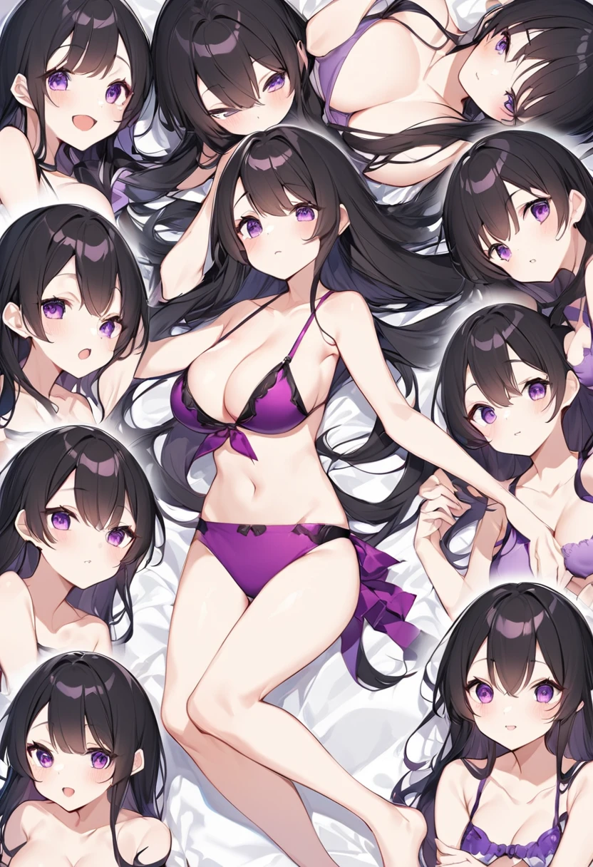 Wearing a purple bikini、barefoot。hair is black、Purple eyes。Breasts are K cup。The skin is white and、Long hair。Has one brother and one sister。My sister has an E cup。All of them have black hair。6 siblings。It's like diving into the ocean and looking at the coral reefs and fish.。in the sea。My brother is wearing a purple diving suit.。I have one older brother.。I have five sisters.。All six people, including myself。My sister is 、My brother is 15 years old
