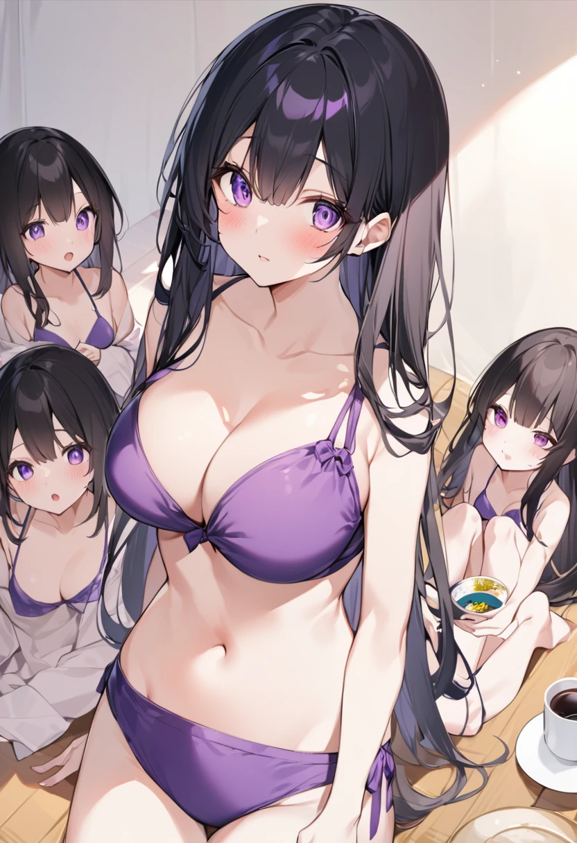 Wearing a purple bikini、barefoot。hair is black、Purple eyes。Breasts are K cup。The skin is white and、Long hair。Has one brother and one sister。My sister has an E cup。All of them have black hair。6 siblings。It's like diving into the ocean and looking at the coral reefs and fish.。in the sea。My brother is wearing a purple diving suit.。I have one older brother.。I have five sisters.。All six people, including myself。My sister is 、My brother is 15 years old