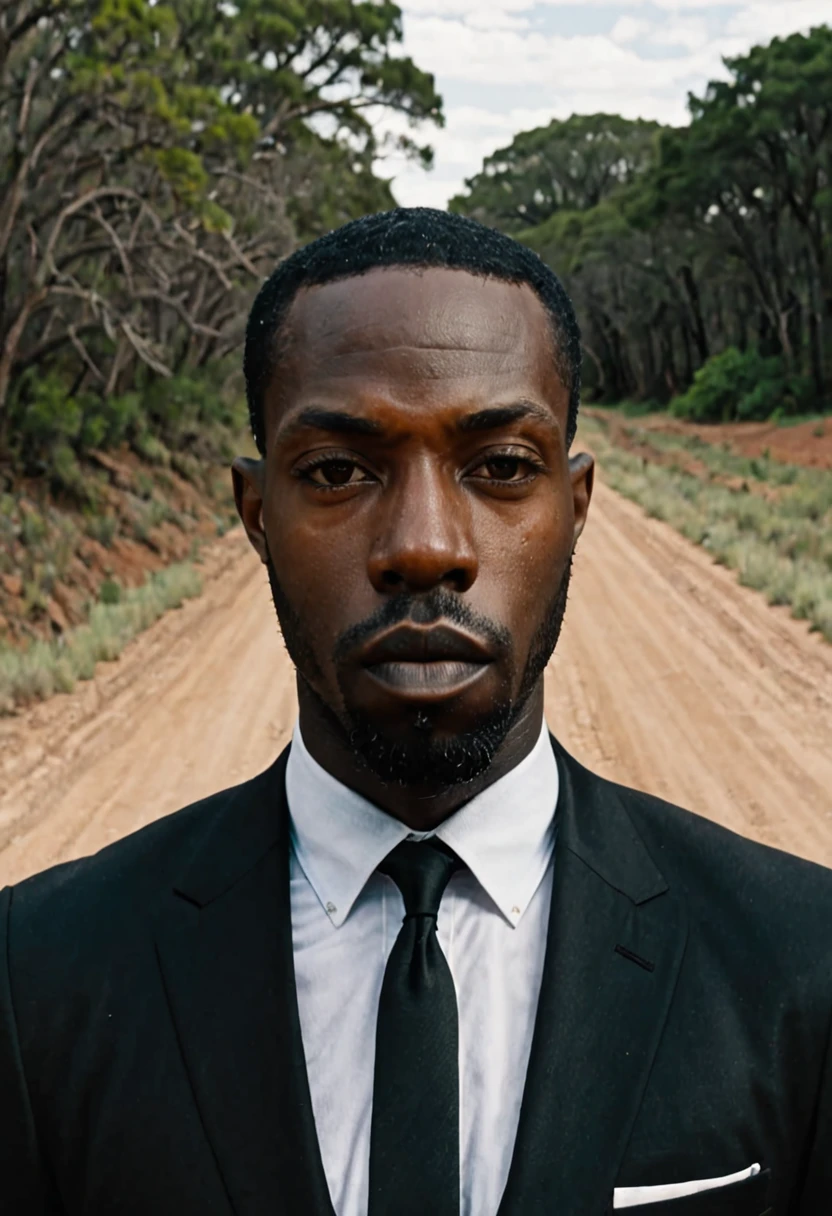 A close-up view of
Shawt a black man i. A black suit standing on a dirt road