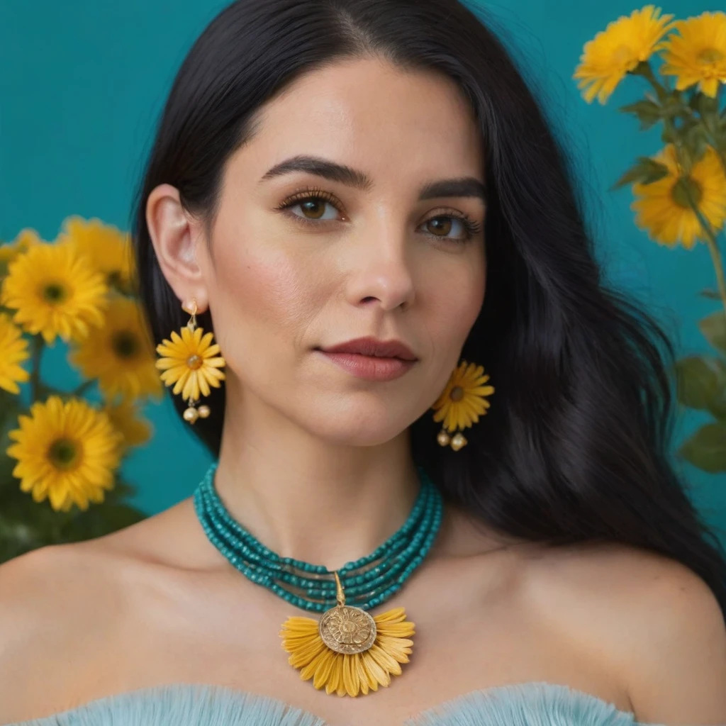 a detailed close-up captures a woman, her long, dark hair cascading down to her shoulders, set against a softly blurred teal backdrop. she's dressed in a light blue off-the-shoulder top, adorned with yellow flowers and green leaves. her earrings, a striking feature, feature large hoop earrings adorned with small beads. a gold necklace, featuring a sun pendant, adds a touch of elegance to her ensemble.