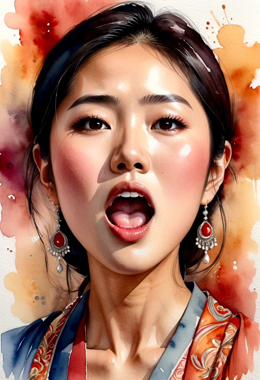 Portrait of a young Asian woman&#39;s face,Open your mouth wide and shout,watercolor