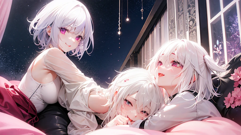 White Hair、Pink Eyes、Short Hair、laughing、Only one girl、alone、Cute、Face is close、Night、laughing、At the bed、Blushing、、Stick your tongue out、Only one person、Sweating、Excited