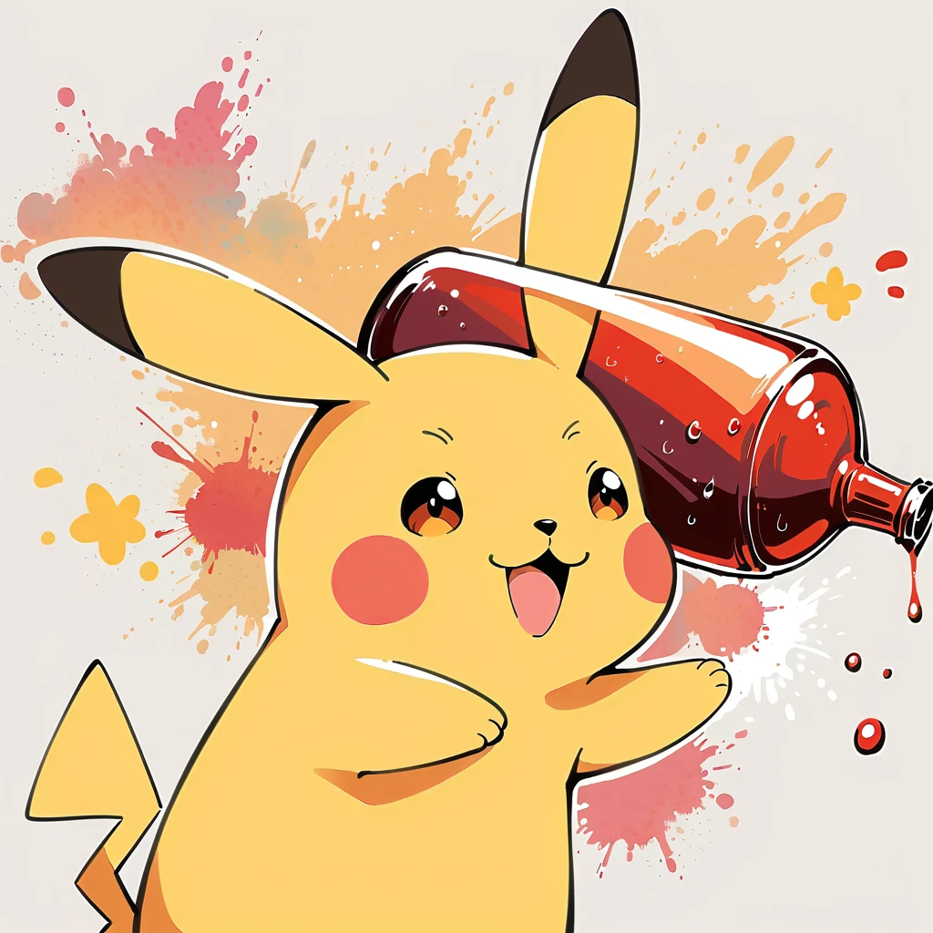 Pikachu hugging a large glass bottle of cola, Pikachu should be holding the bottle tightly with a joyful and content expression. Use a bright and cheerful color palette with soft, painterly strokes. Include details like condensation on the cola bottle, and maybe a little straw sticking out of the top. The background can be simple