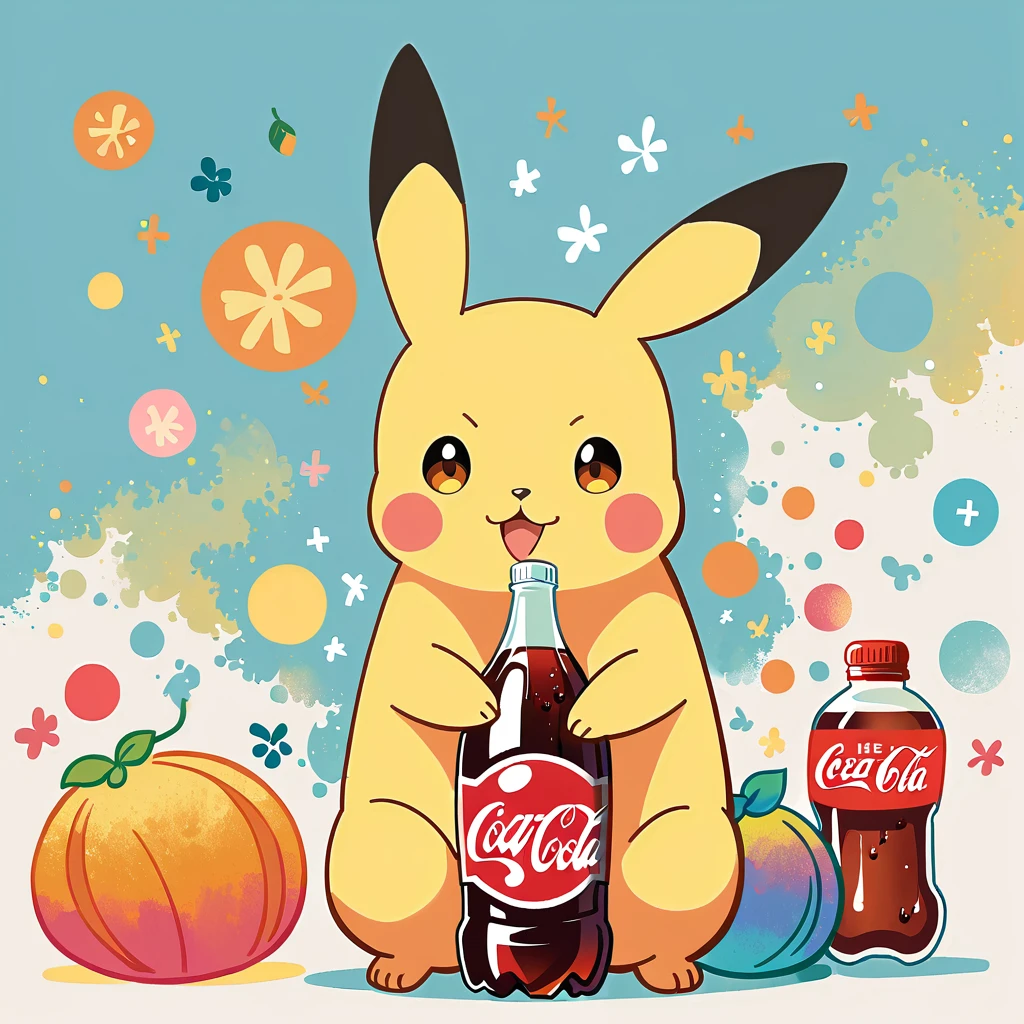 Pikachu hugging a large glass bottle of cola, Pikachu should be holding the bottle tightly with a joyful and content expression. Use a bright and cheerful color palette with soft, painterly strokes. Include details like condensation on the cola bottle, and maybe a little straw sticking out of the top. The background can be simple