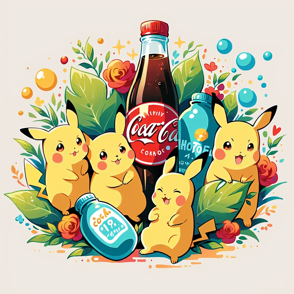 Pikachu hugging a large glass bottle of cola, Pikachu should be holding the bottle tightly with a joyful and content expression. Use a bright and cheerful color palette with soft, painterly strokes. Include details like condensation on the cola bottle, and maybe a little straw sticking out of the top. The background can be simple