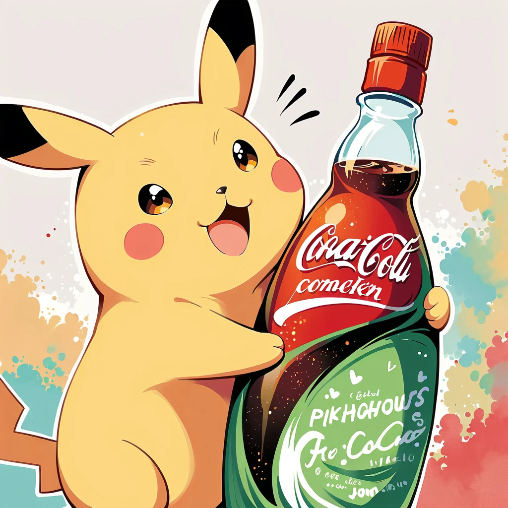 Pikachu hugging a large glass bottle of cola, Pikachu should be holding the bottle tightly with a joyful and content expression. Use a bright and cheerful color palette with soft, painterly strokes. Include details like condensation on the cola bottle, and maybe a little straw sticking out of the top. The background can be simple
